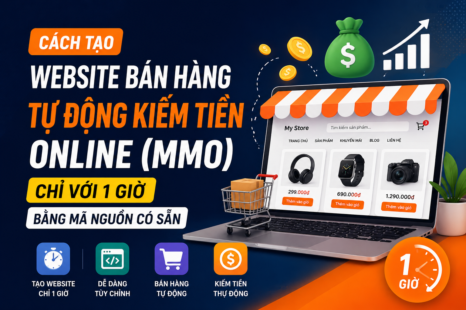 Cách tạo website bán hàng tự động kiếm tiền online (MMO) chỉ với 1 giờ bằng mã nguồn có sẵn